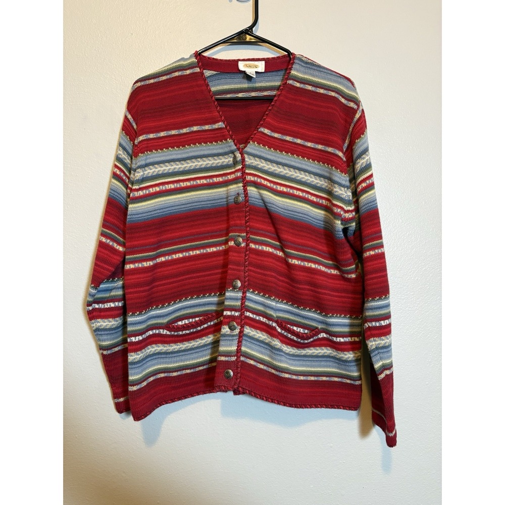 Talbots Red Striped Sweater Cardigan L Vtg Preppy Cottagecore Grandma Aztec